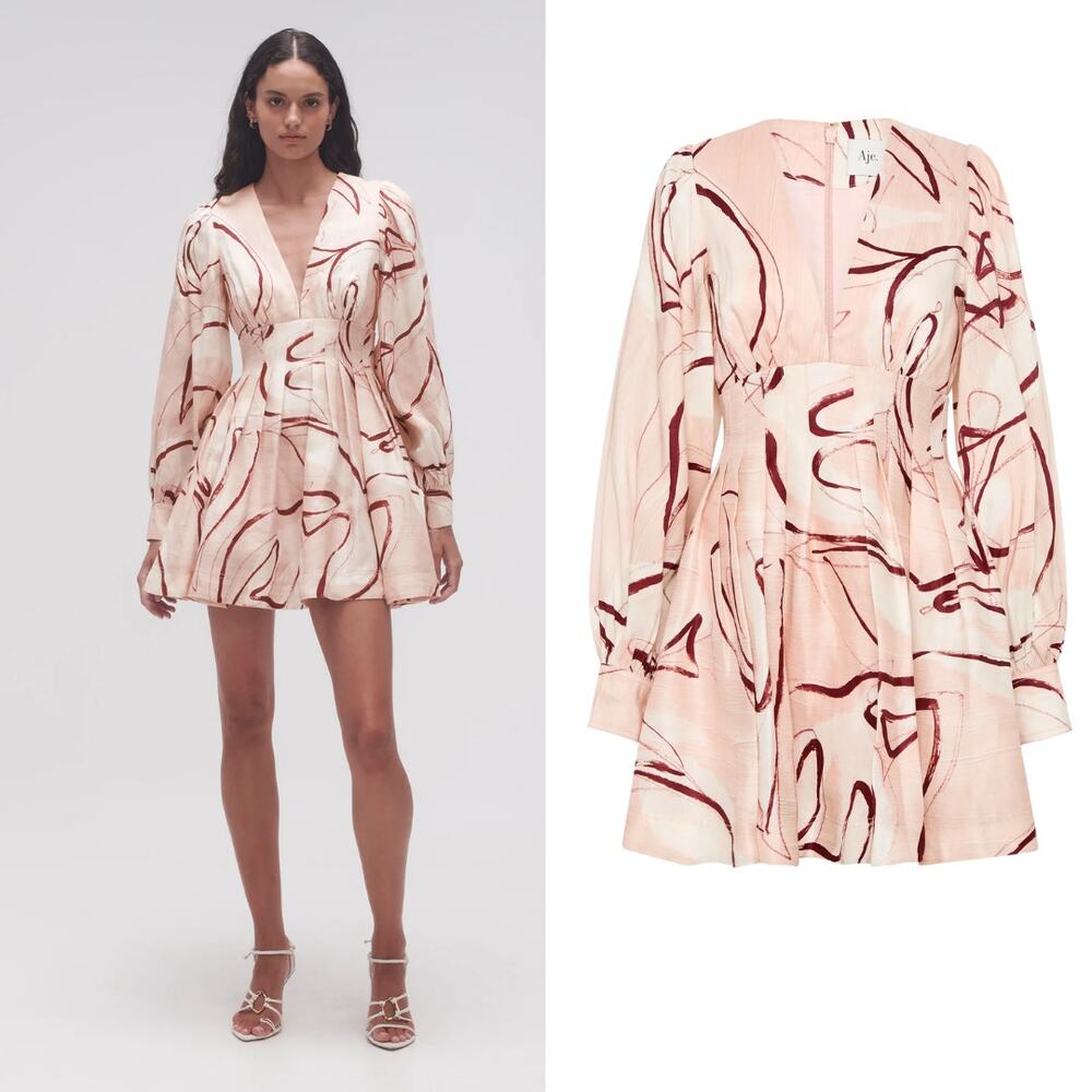 Aje Dress Amelia Pink Abstract Printed Dove Linen Blend Minidress Size US 0‎